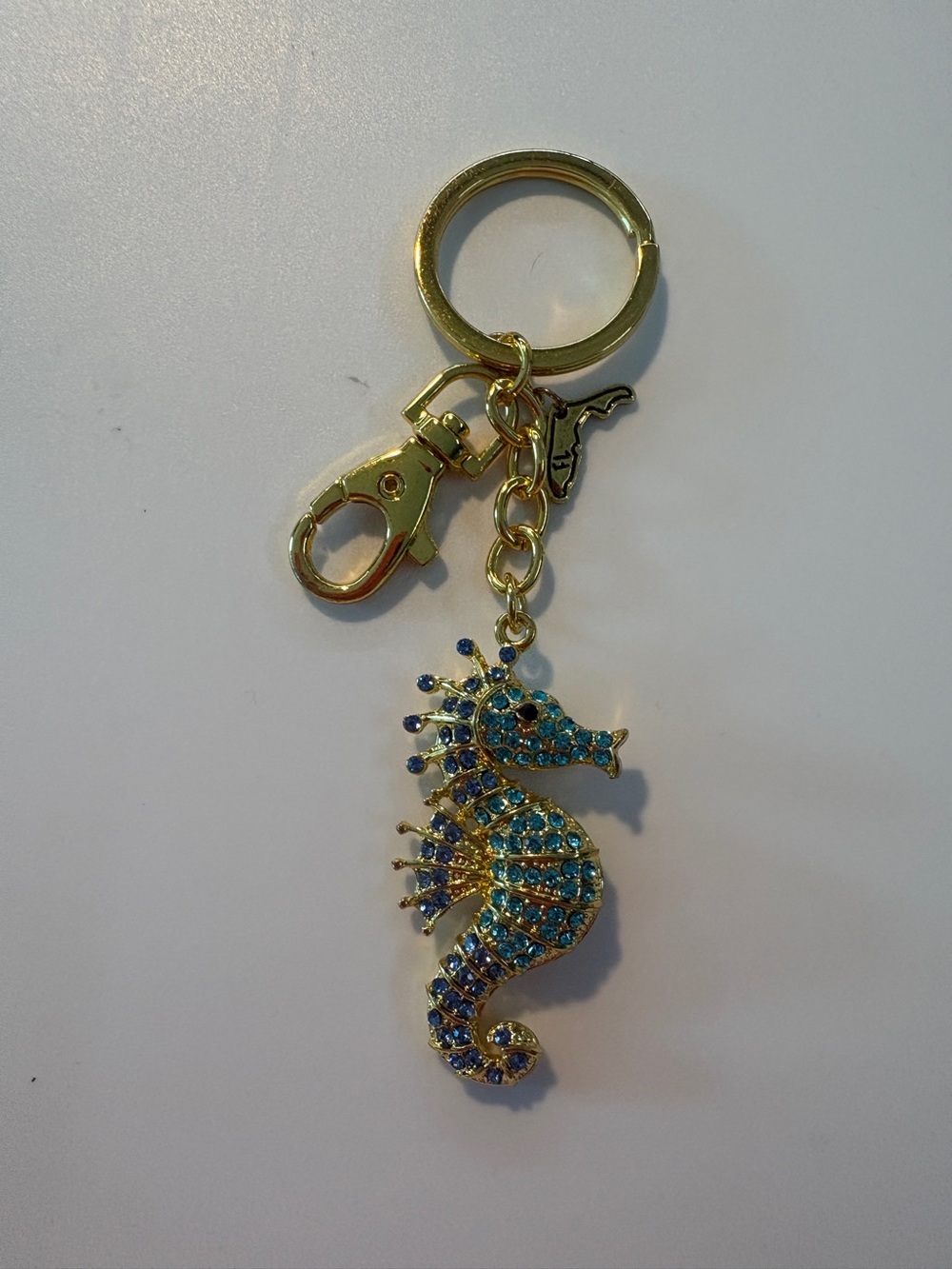 Gold Tone Seahorse Bag Charm/Keychain with Blue Crystals